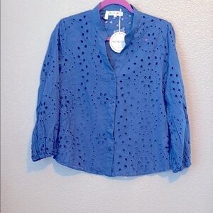 Blue 3/4 Sleeve Blouse with Embroidery and Eyelet details Size Large New